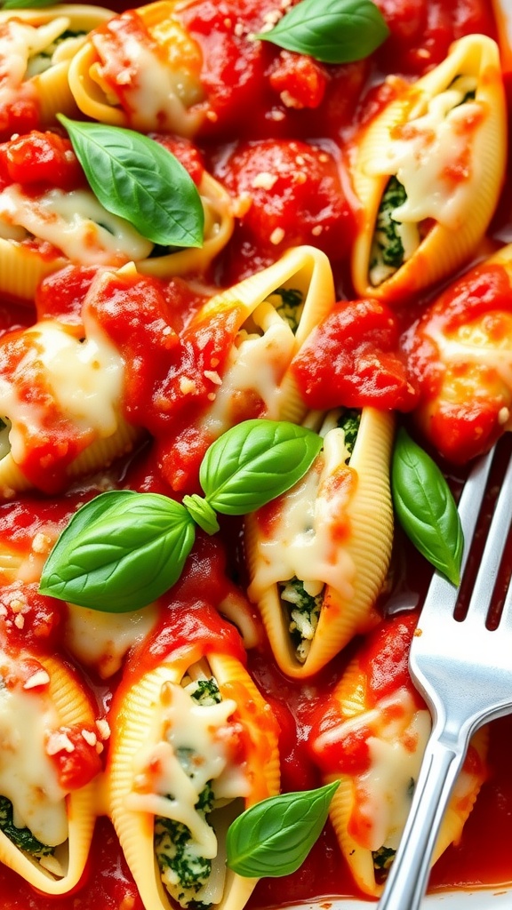 Cheesy spinach and ricotta stuffed shells in marinara sauce, topped with melted mozzarella and garnished with basil.